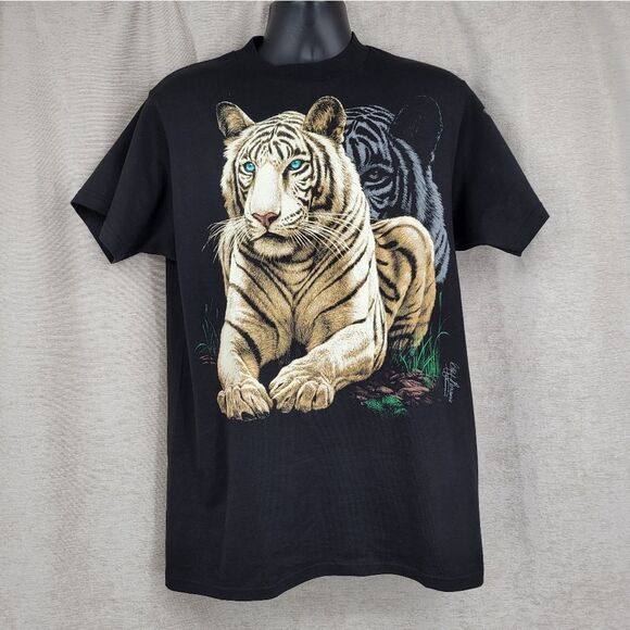90s Black Graphic Tiger T-Shirt Silkmasters Cliff Bonamie Busch Gardens Medium - Picture 1 of 8